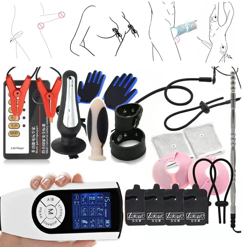 Electric Shock Anal Plug Penis Plug Electro Stimulator Silicone Gloves Massage Nipple Clamps Cock Rings SM Sex Toys For Men BDSM