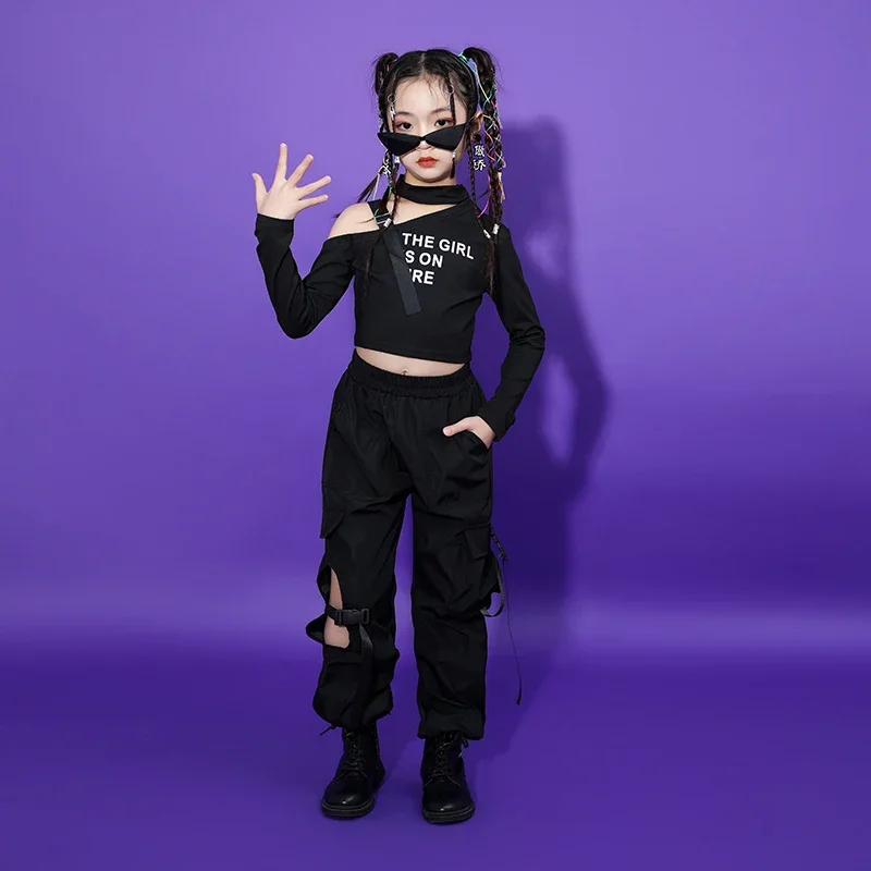 Girls Jazz Dance Costume Stage Clothes Kids Teenage Hip Hop Clothing Long Sleeve Shirt Top Streetwear Black Jogger Pants