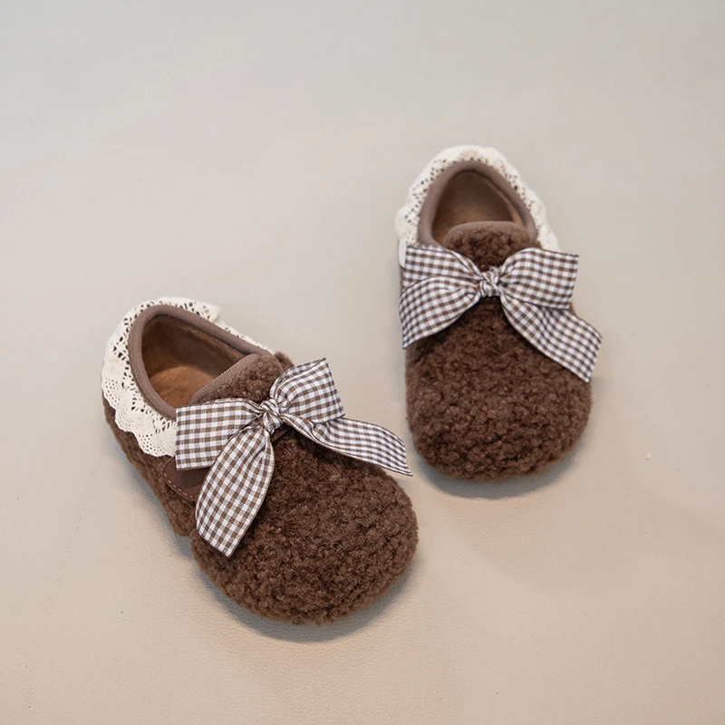 طفل الفتيات الشقق الأطفال فو فروي قارب أحذية أطفال فراشة الدانتيل حافة أحذية ناعمة طفل الفتيات أحذية الشتاء الدافئة #4