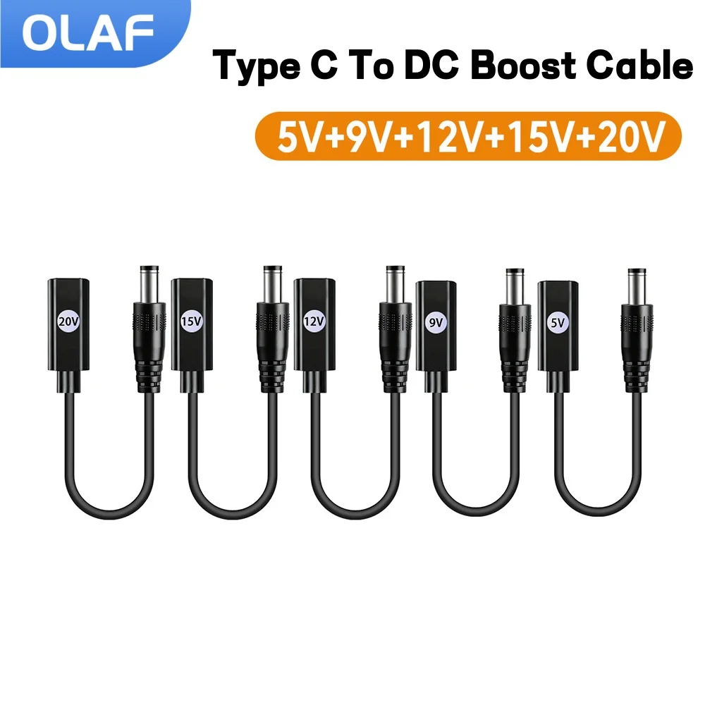 Cabo Adaptador de Alimentação Olaf Tipo C para DC com Aumento de Voltagem 20W, Carregamento Rápido USB C Fêmea para DC 5V/9V/12V/15V/20V, Cabo de Aumento de Voltagem para Roteador Wifi