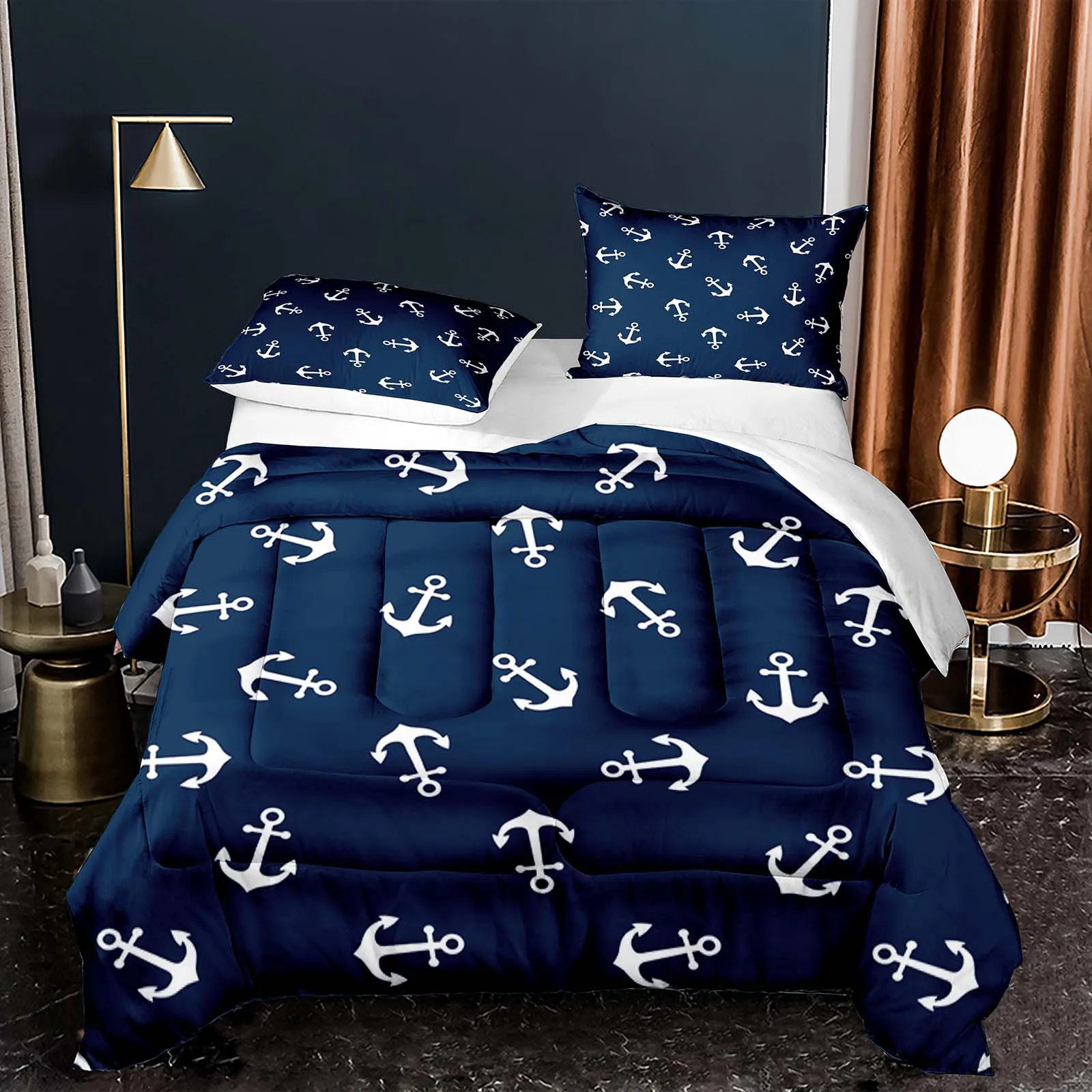 Marble Anchor Cherry Blossom Duvet Cover Set 3D Print Microfiber Quilt Cover with Pillowcase No Comforter