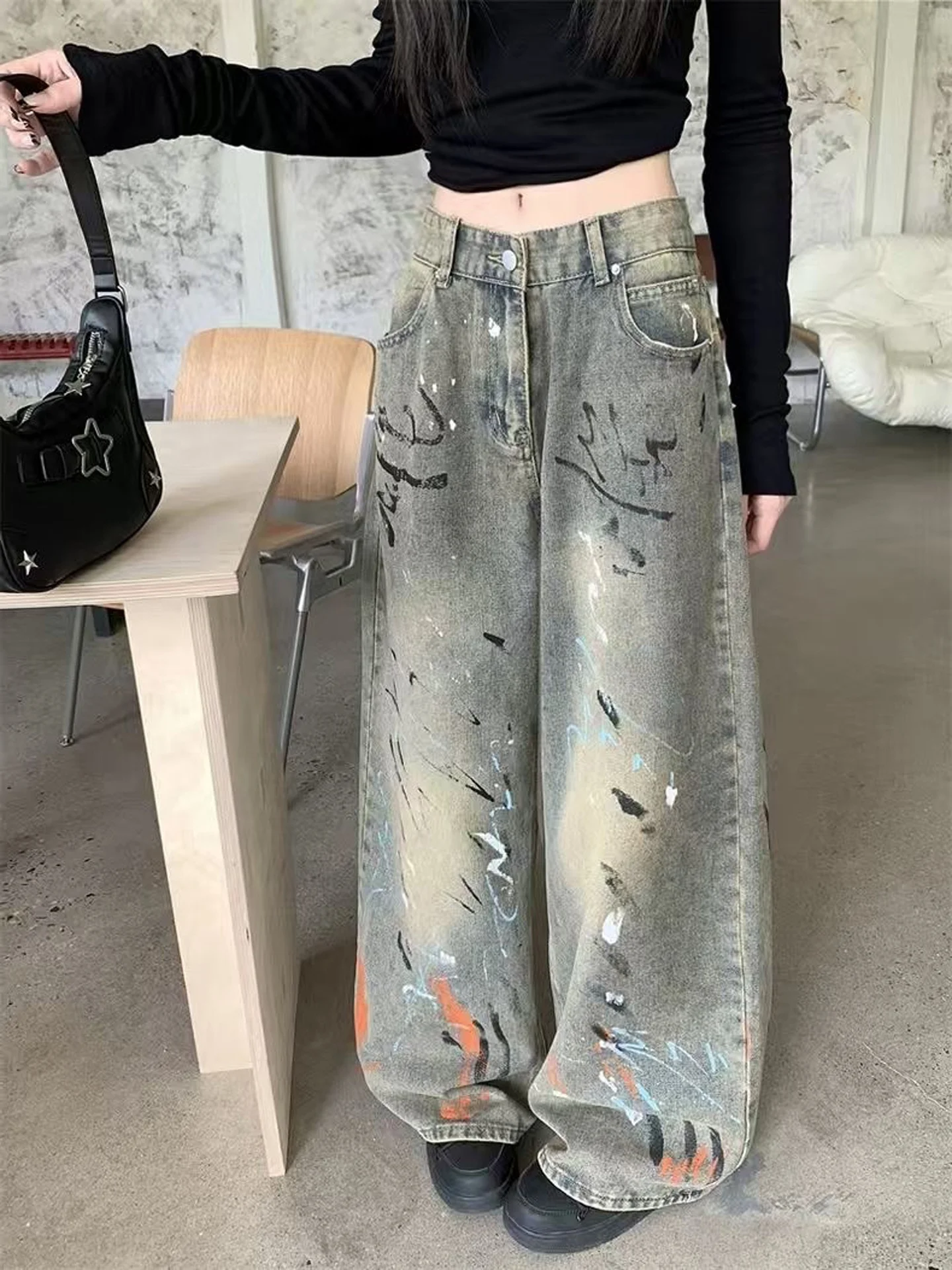 Retro American Washed Graffiti Denim Jeans Women's Loose Wide Leg Long Pants Autumn Winter Street Style Loose Slimming Effect