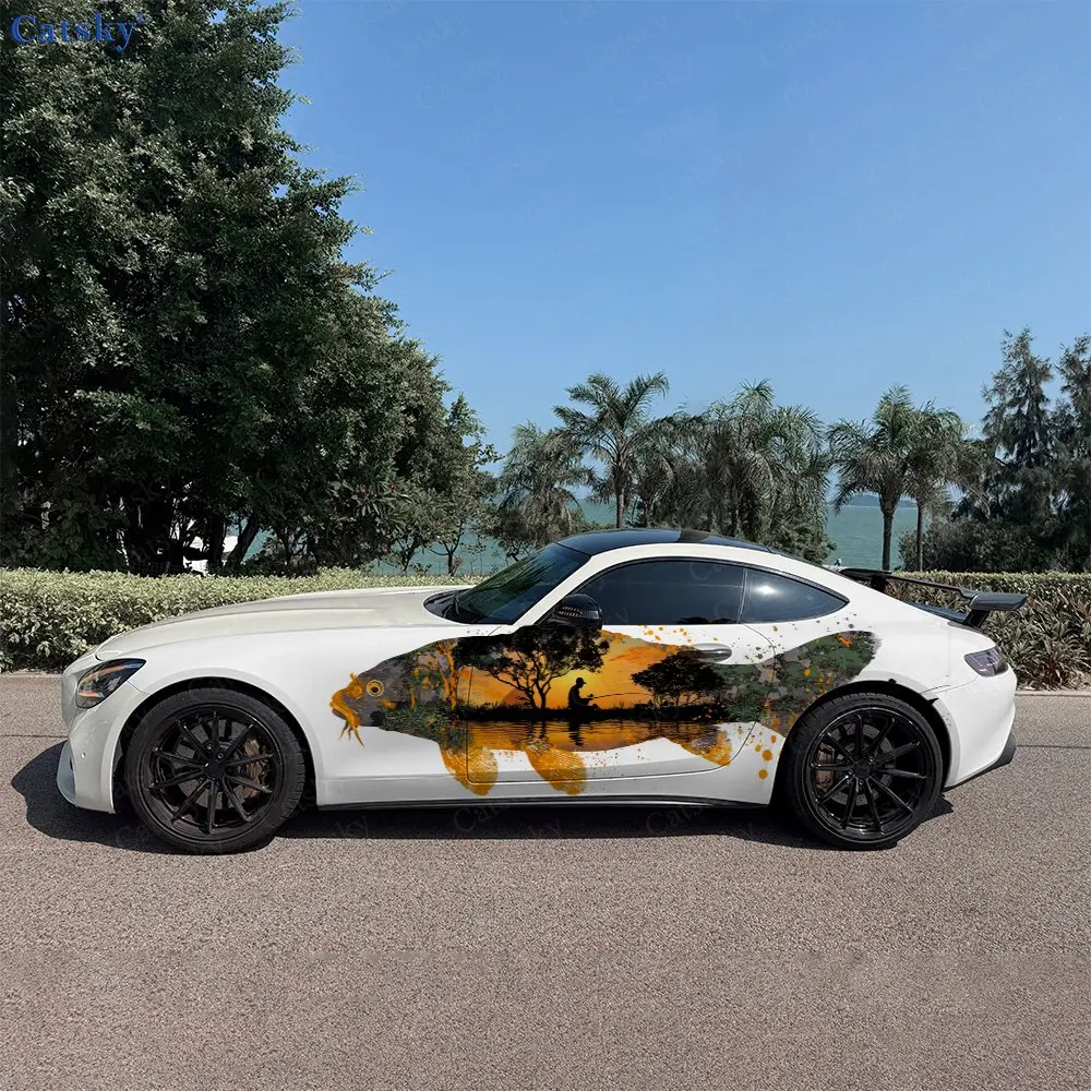 

Наклейки на боковые части автомобиля с изображением карпа и силуэтом рыболова, самоклеящиеся, из ПВХ, водонепроницаемые и устойчивые к царапинам, автомобильный аксессуар