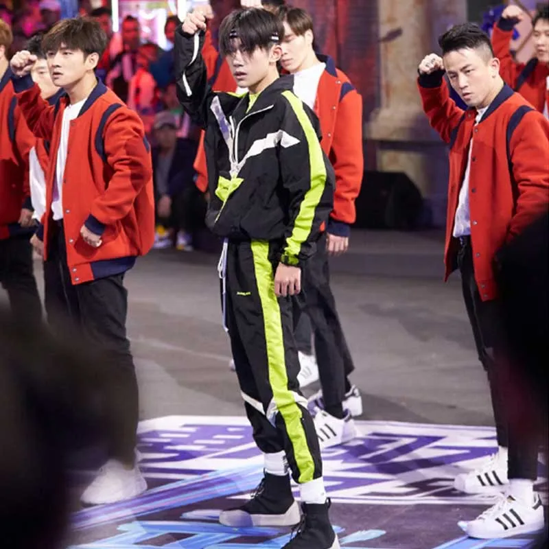 Adult Street Dance Costume Black and Green Jacket Loose Pants Hip Hop Children Clothes Jazz Dance Stage Outfit Men Dancewear 918
