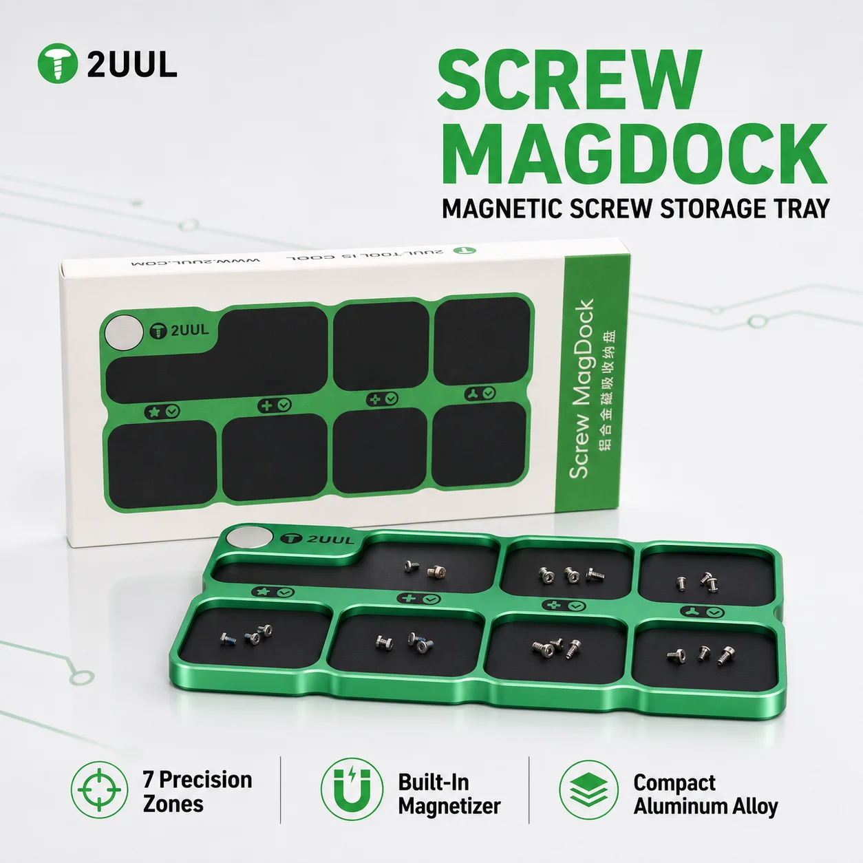 2UUL ST9Screw MagDock Aluminum Alloy Magnetic Screw Storage Tray with 7 Precision Zones and Built-In Magnetizer for Phone Repair