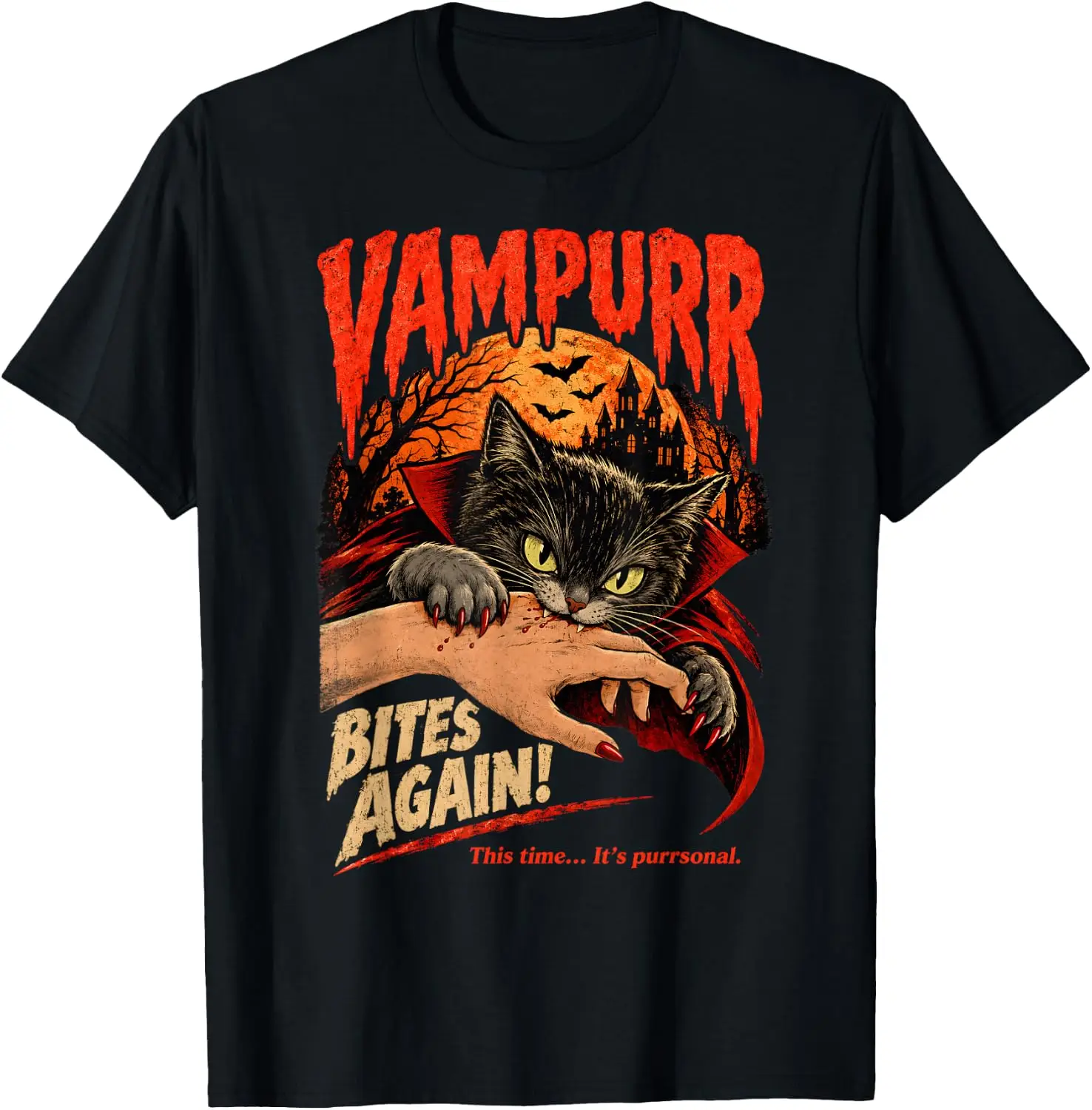 Vampurr Bites Again! Funny Cat Halloween Classic Apparel T-Shirt Unisex Holiday Theme Graphic Print T‑Shirt Halloween Christmas Thanksgiving Festive Party Short Sleeve Cotton Tee Tops Men Women.