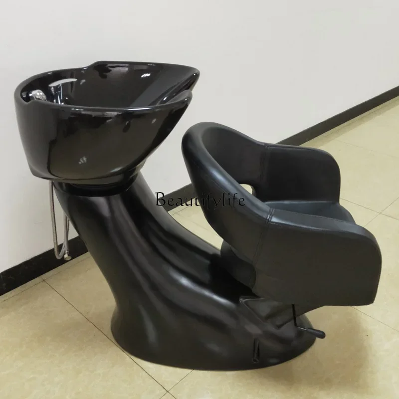 

Simple Barber Shop Half Lying Shampoo Chair FRP Flushing Ceramic Basin Shampoo Chair