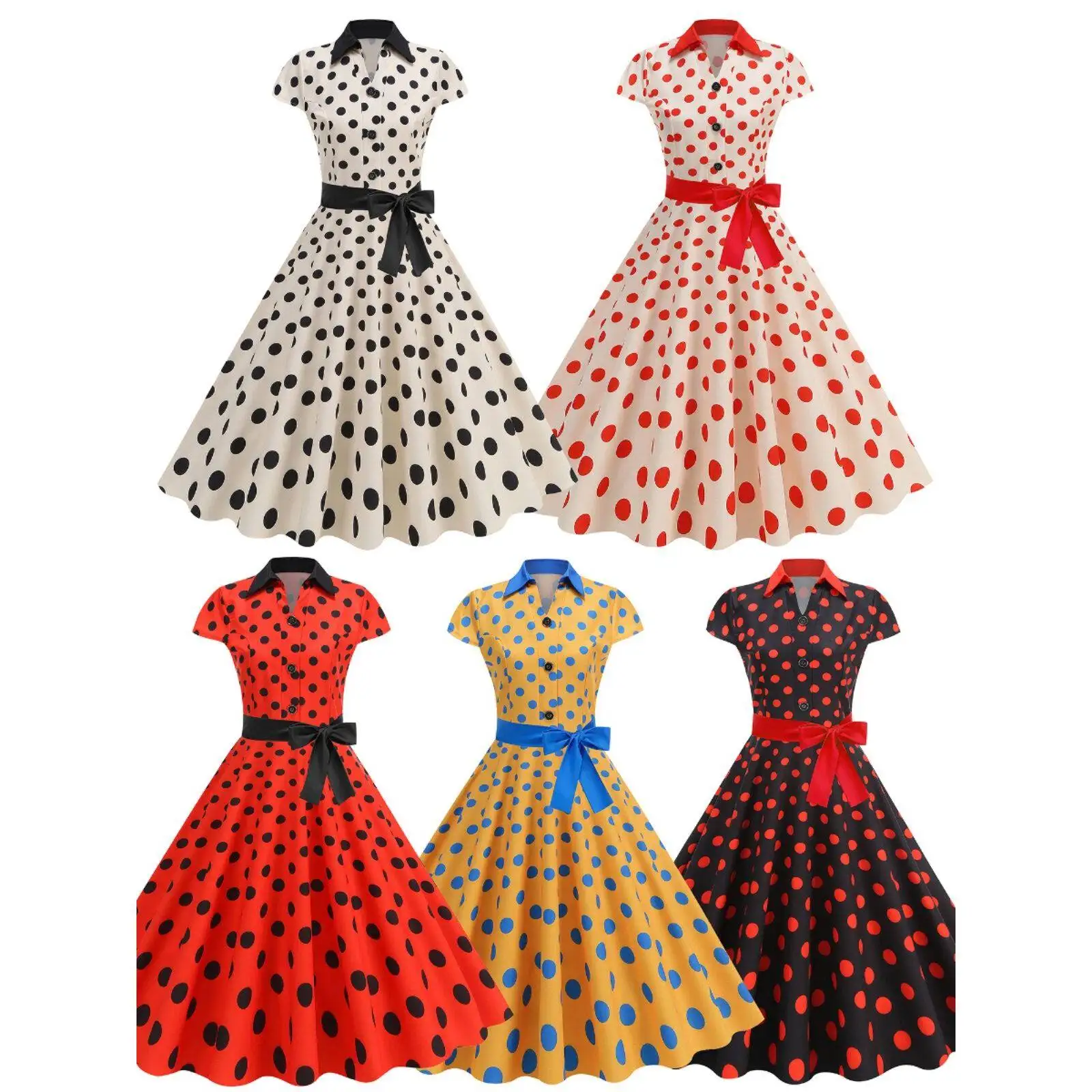 Vestido Elegante Hebe Estilo Hong Kong de los 80, Vestido Vintage con Puntos, para Fiesta o Baile, con Cintura Ajustada y Fal...