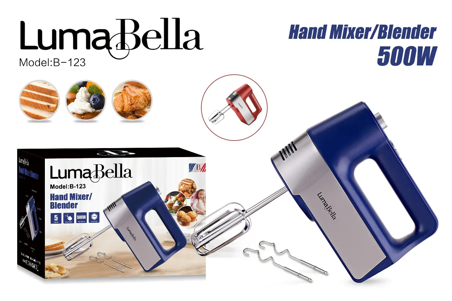 5Variable Speed Settings And Extra Turbo Button Mini Hand Mixer Egg Beaters Dough Hooks Hand Mixer Electric B-123