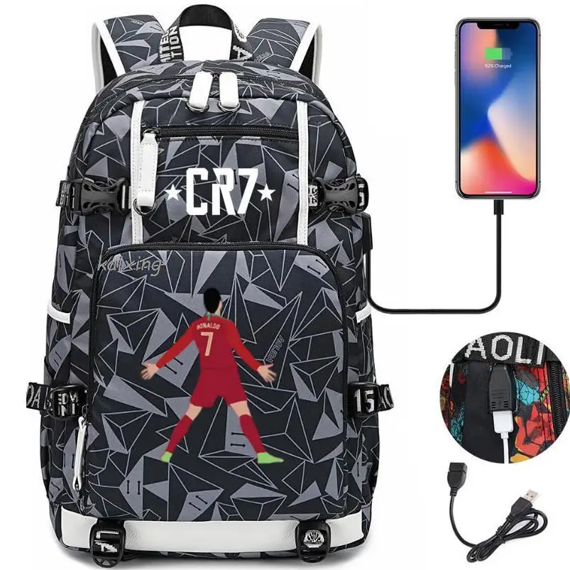 Fashion CR7 Backpack USB Charging School Bag 15.6 Inch Laptop Backpack Female Male Book Bag Bagpacks Waterproof Teens Back Pack