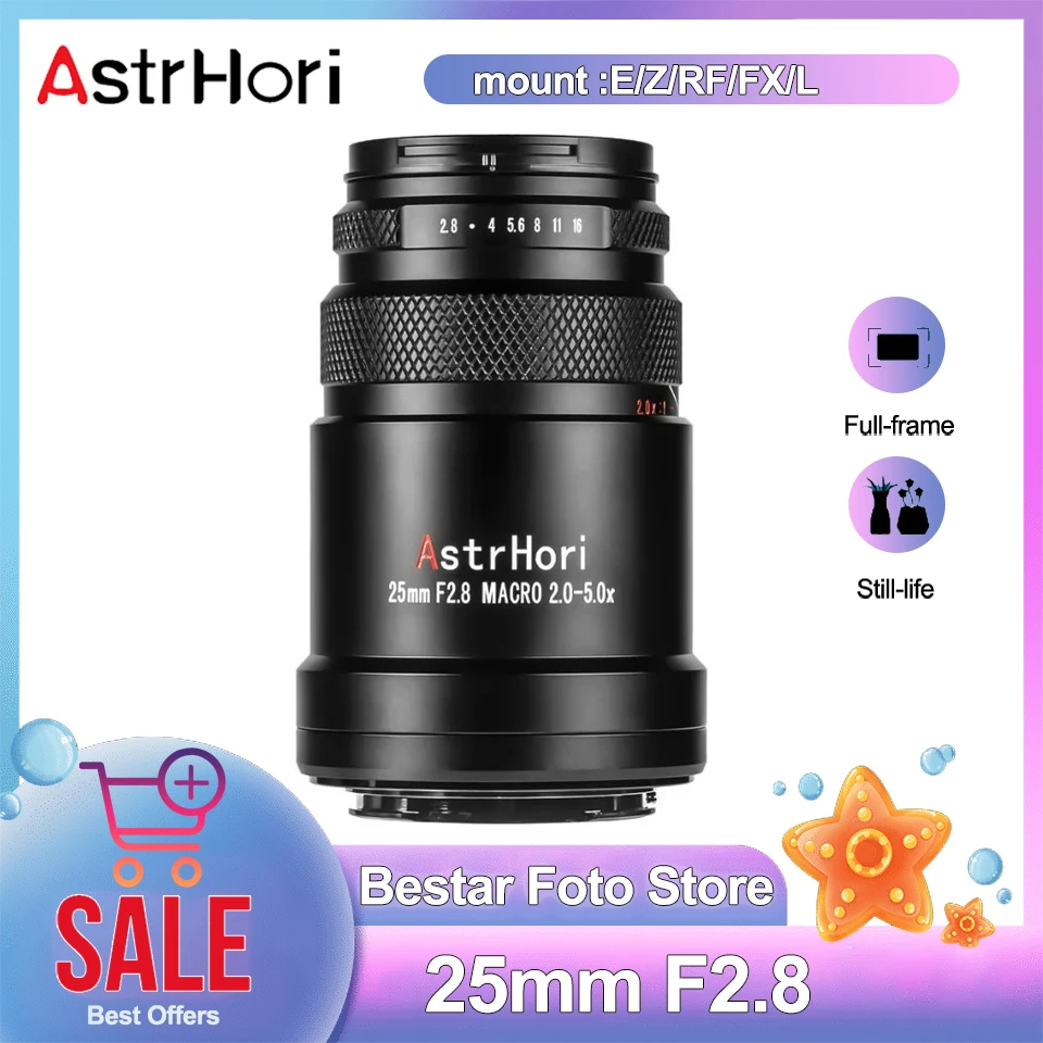 AstrHori 25mm F2.8 Full Frame Ultra 2.5-5X Macro Lens Magnification Camera Lens for Canon EOS R5 Fuji X-T30 Nikon Z5 Sony A6000