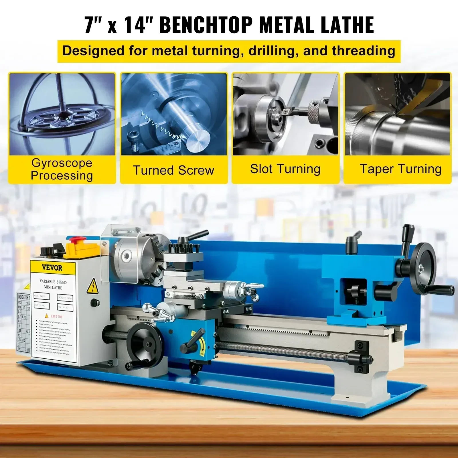 เครื่องกลึงโลหะขนาดเล็ก VEVOR 7x14 นิ้ว 550 วัตต์ สำหรับงานกลึงเกลียว หัวจับ 3 ขา 4 นิ้ว ความแม่นยำสูง สำหรับวัตถุทรงเหลี่ยมและทรงกลม