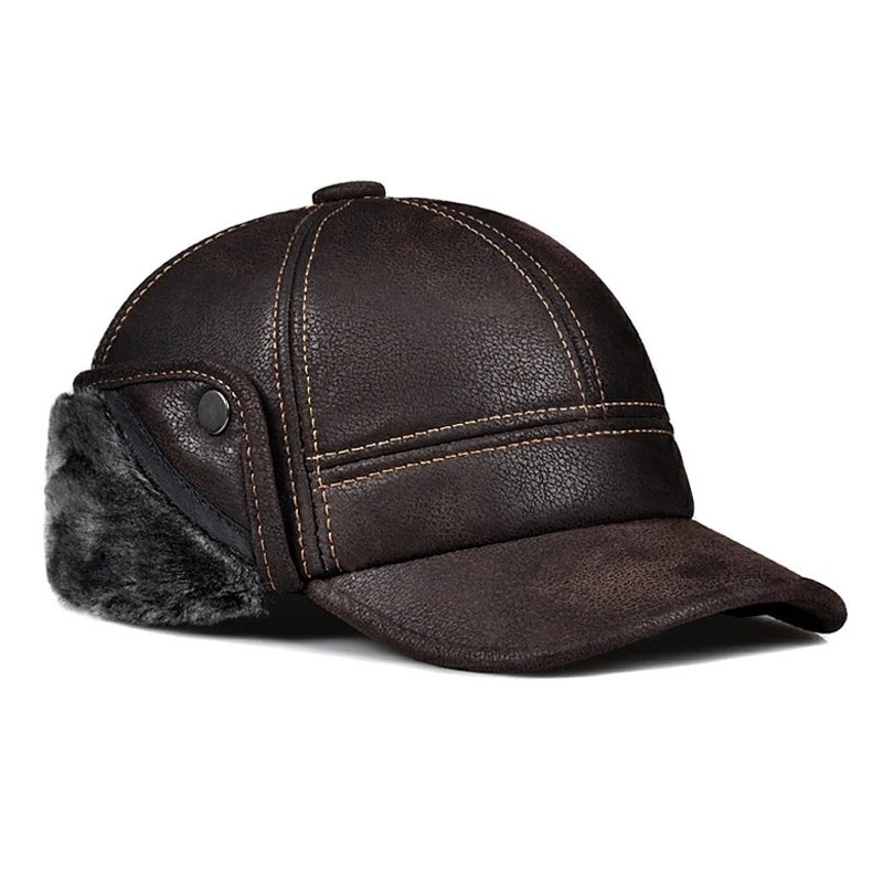 Genuine Cowhide Leather Faux Fur Caps Dad Warm Winter Hat For Men Velvet Flat-top Duck Tongue Ear Protection Outdoor Bomber Gorr