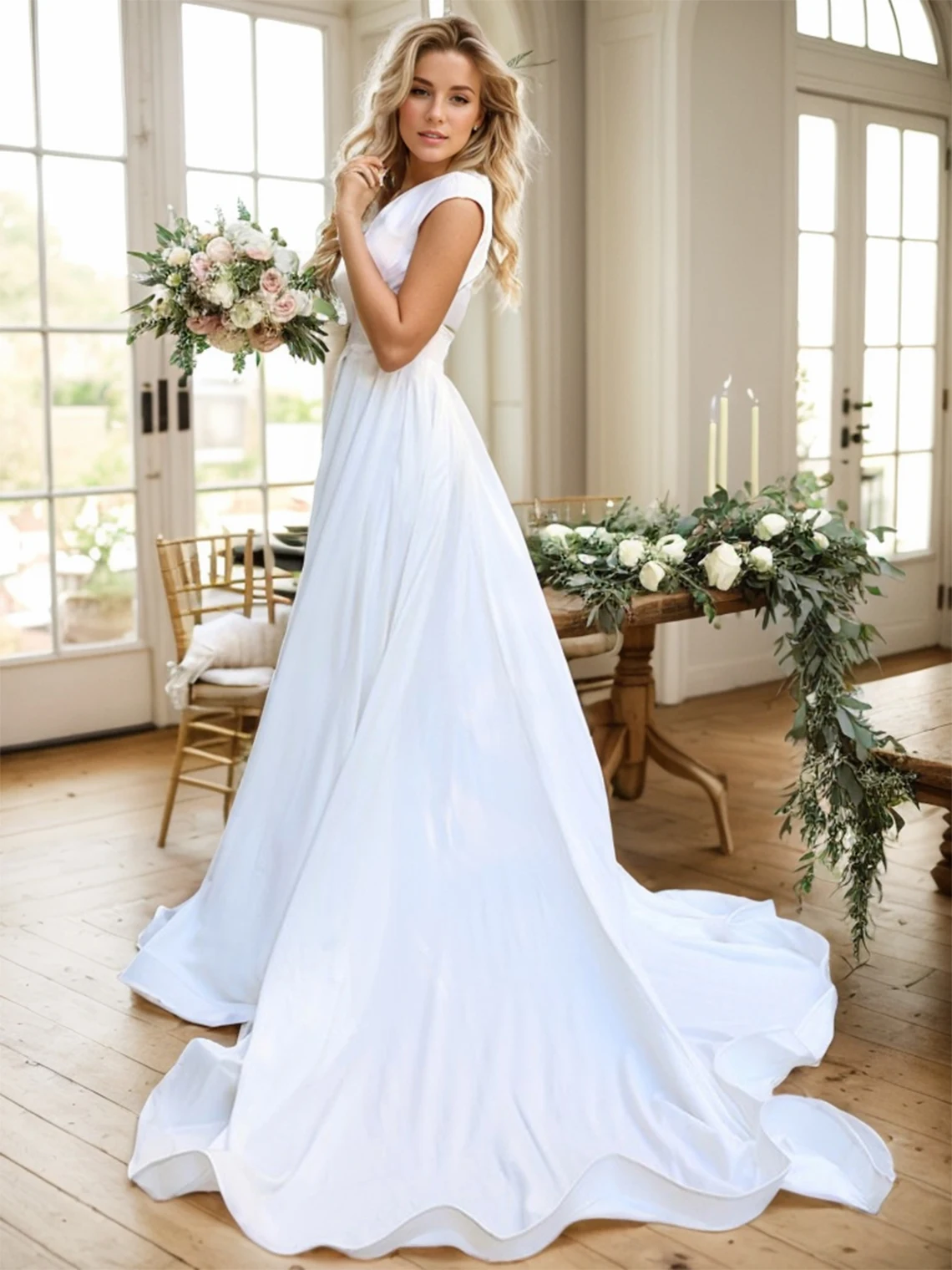 Elegant Modern A-Line Wedding Dress V Neck Stretch Fabric High Split Cap Sleeve Court Train Engagement Gown 2025 Free Customized