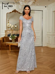 Missord Elegant Grey Sequin Wedding Party Dress Women V Neck Short Sleeve A-line Floor-length Evening Dresses Long Prom Gown