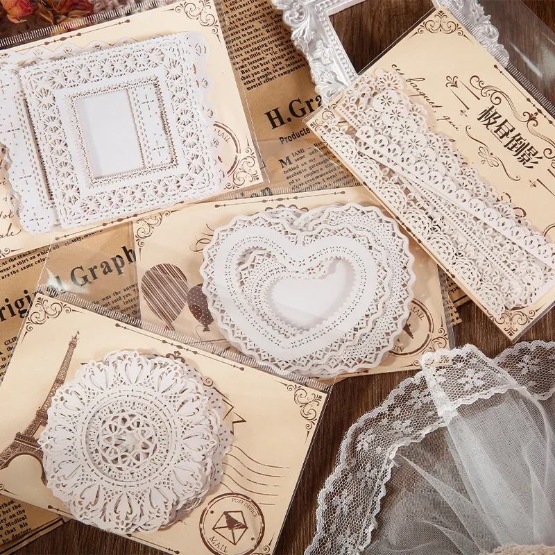 16 pçs do vintage coração quadro borda laço colagem junk journal ephemera feito à mão diy álbum branco laço scrapbooking material papel