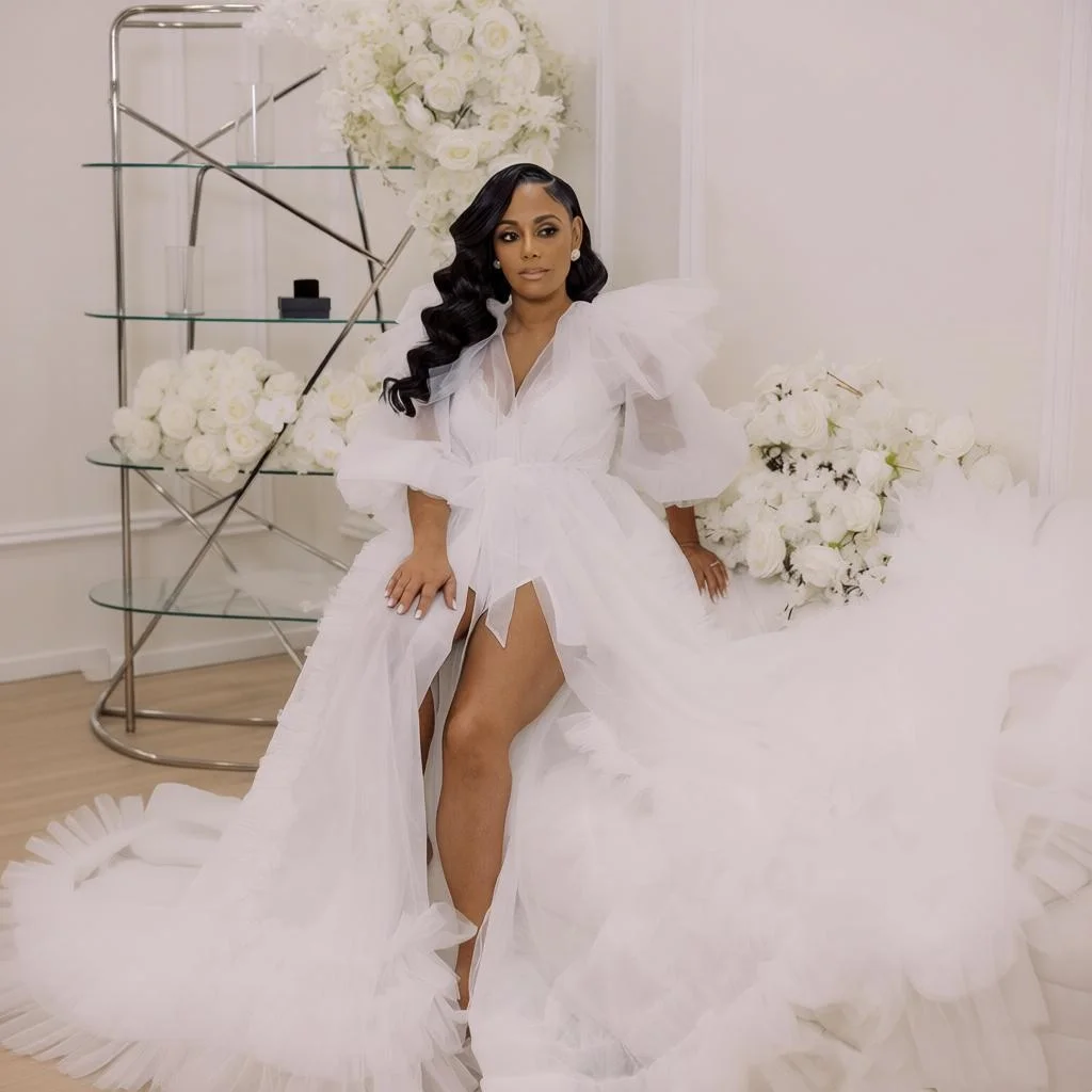 White Puffy Bridal Wedding Robe Customized Tulle Maternity Dress Nightgown Long Sleeves Ruffles Sleepwear Customized Pajamas