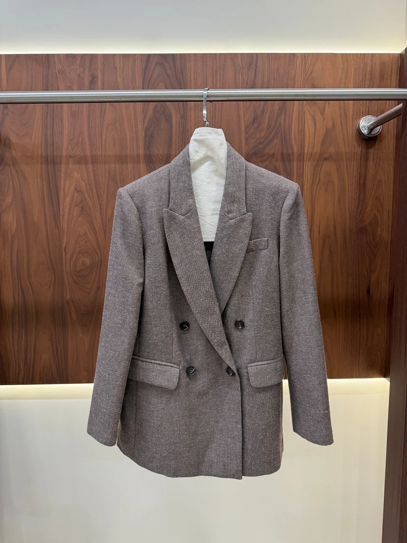 Double Breasted Notched Lapel Blazer & Belted Wide Leg Pants Two-Piece Suit for Women