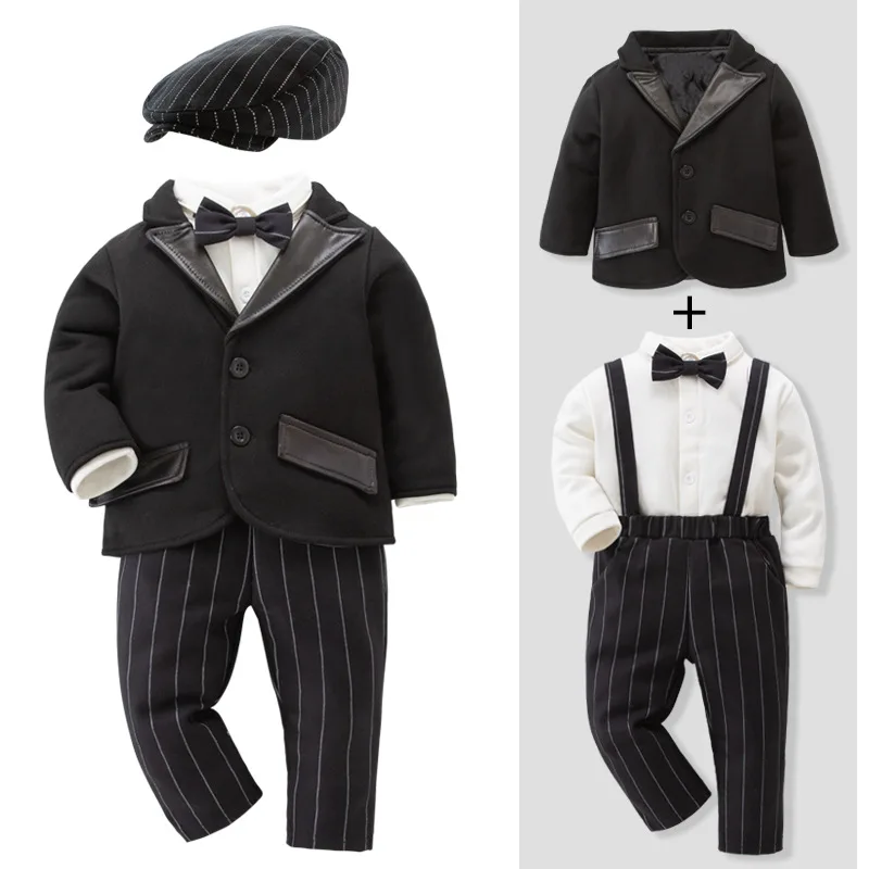 

New Winter Boys Gentleman Suit Set Baby Romper Suspenders Tuxedo Blazer Jacket Beret Hat 4 Piece Outfit Formal Christening Party