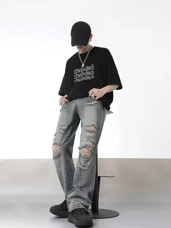 Man Pants Y2k Clothes Fashion Retro Baggy Jeans for Men New Washed Streetwear Ripped Jeans Loose Straight Leg Denim Men Trousers