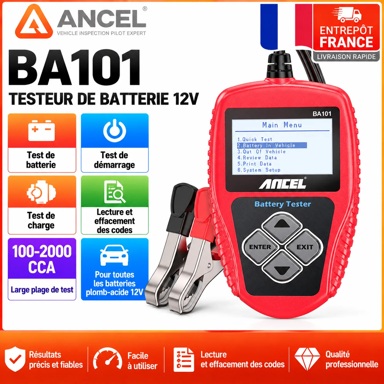 ANCEL BA101 12V Autobatterie-Tester, digitaler Batterieanalysator, CCA 100-2000A, Lasttester, Lichtmaschinen- und Ladesystemtester für Blei-Säure-Autobatterien (1/2/5 Stück)