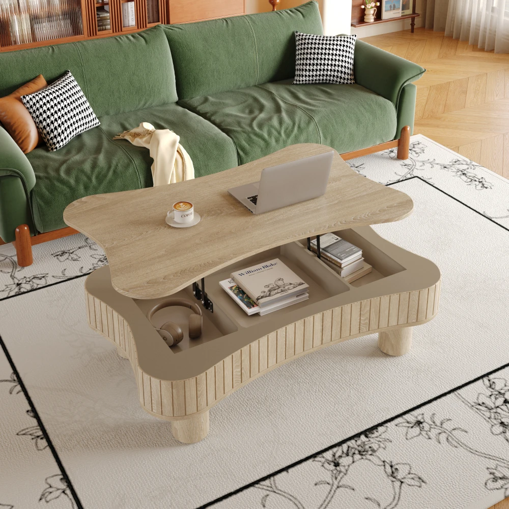 

Lift Top Coffee Table for Living Room-Fluted Panel Hidden Storage,Silent Hydraulic Lift,Corners,5 Min Assembly (Antique Natural)