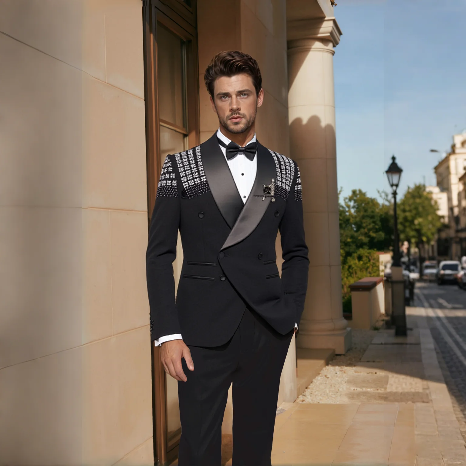 

Fashion Men's Suits 2-Piece Beads Blazer Peaked Lapel Double Breasted Wedding Slim Fit Diamonds Custom Made Plus Size