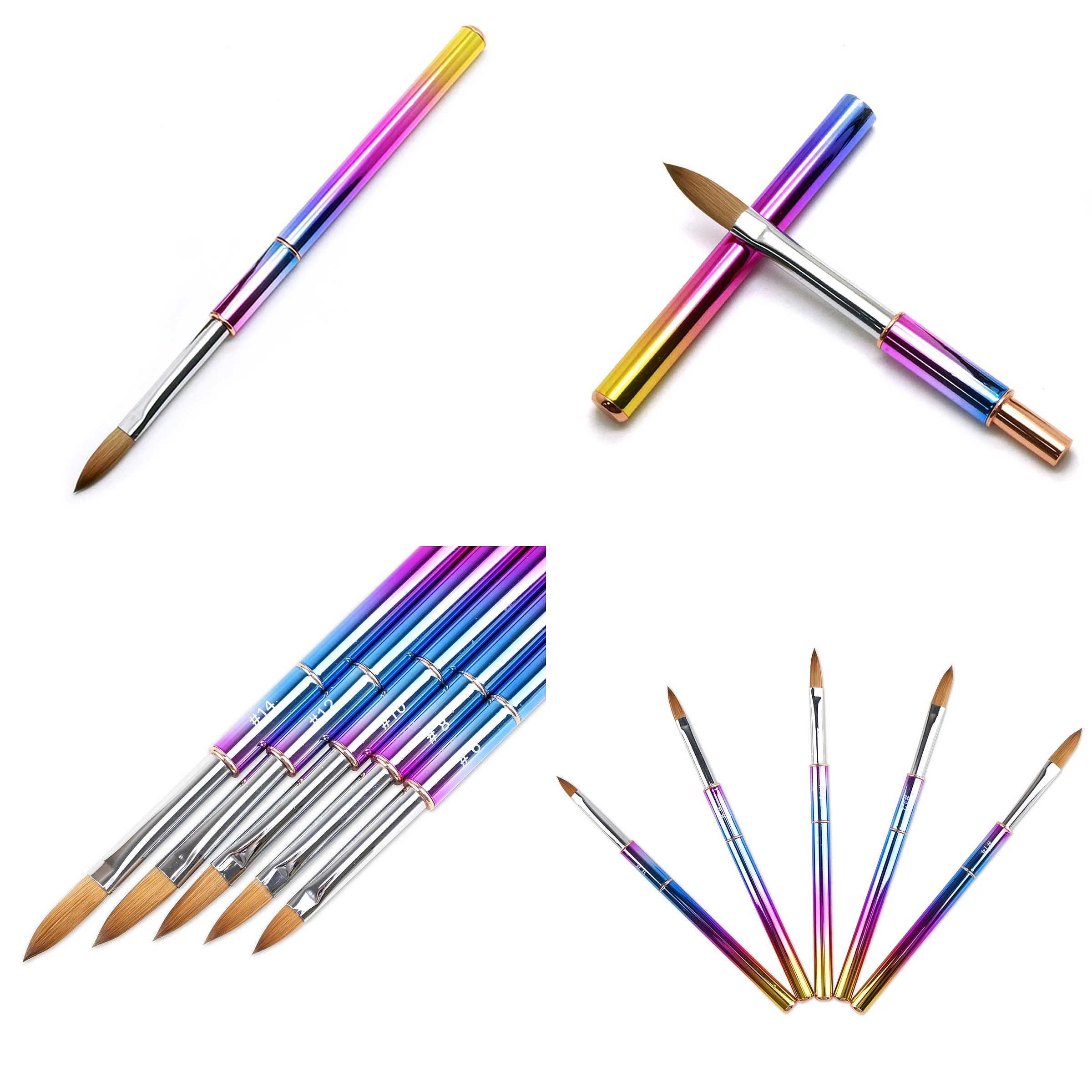 Gradient Color Hot Sale Nail Painting Liner Pen Colorful Acrylic Stainless Steel Handle 30% Kolinsky Nail Art Brush for DIY Nail
