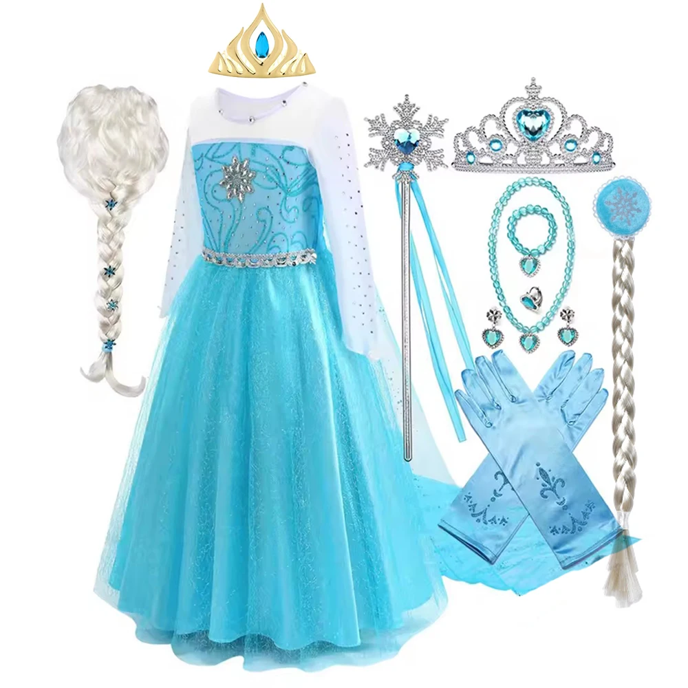 

Платья Эльзы для девочек, праздничный костюм принцессы Эльзы, костюм Снежной Королевы, косплей, платья Эльзы, комплект аксессуаров для волос, одежда для девочек на Хэллоуин