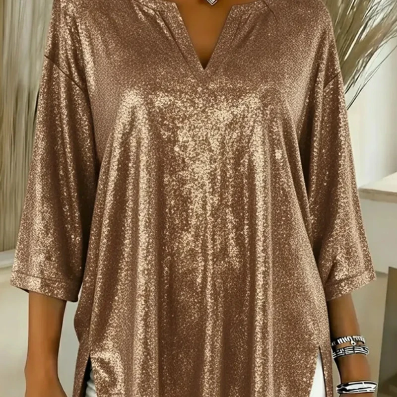 

2025 Fashion Shiny Sequins Pullover Tops Women's Sexy V-neck Loose Club Party Blouse Women Elegant Half Sleeve Christmas Blouse