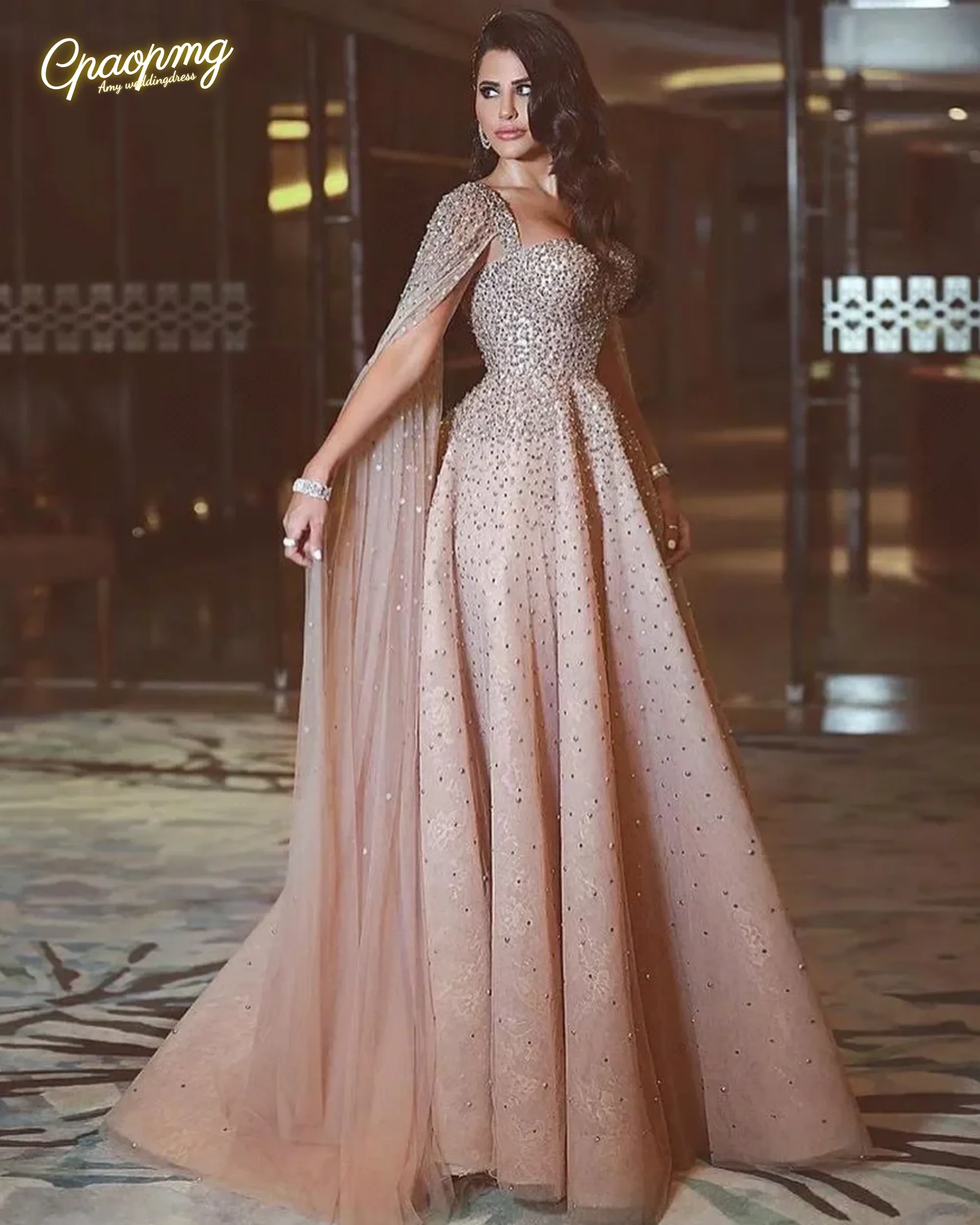 Personalizado luxo blush rosa vestidos de baile querida uma linha frisado cristais applique wateau trem formal vestidos de festa à noite