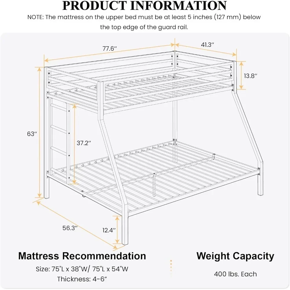 Beliche de metal com escadas removíveis, estrutura resistente resistente, Twin Over Full Size, 12 "sob a cama de armazenamento para adolescentes e adultos