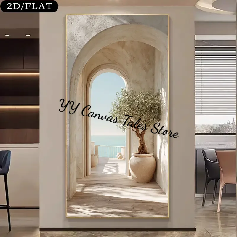 1pc frameless Canvas Painting Large Frameless Coastal Mediterranean Olive Tree Arch Canvas Print - Greek Island Inspired Beige &