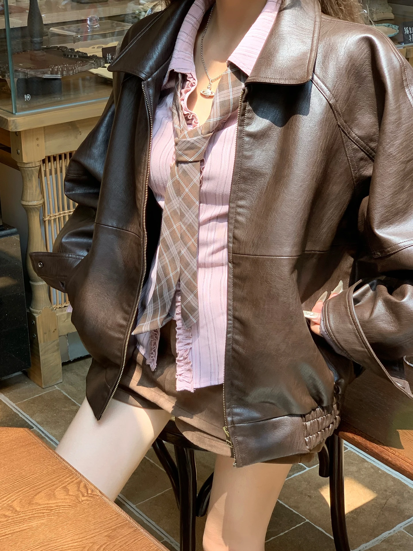 Caramel Color Korean Sle Women's Jaet Coat Spring New Arrival Seven Simp Slip PU Leather Long Sve Zipper Closure