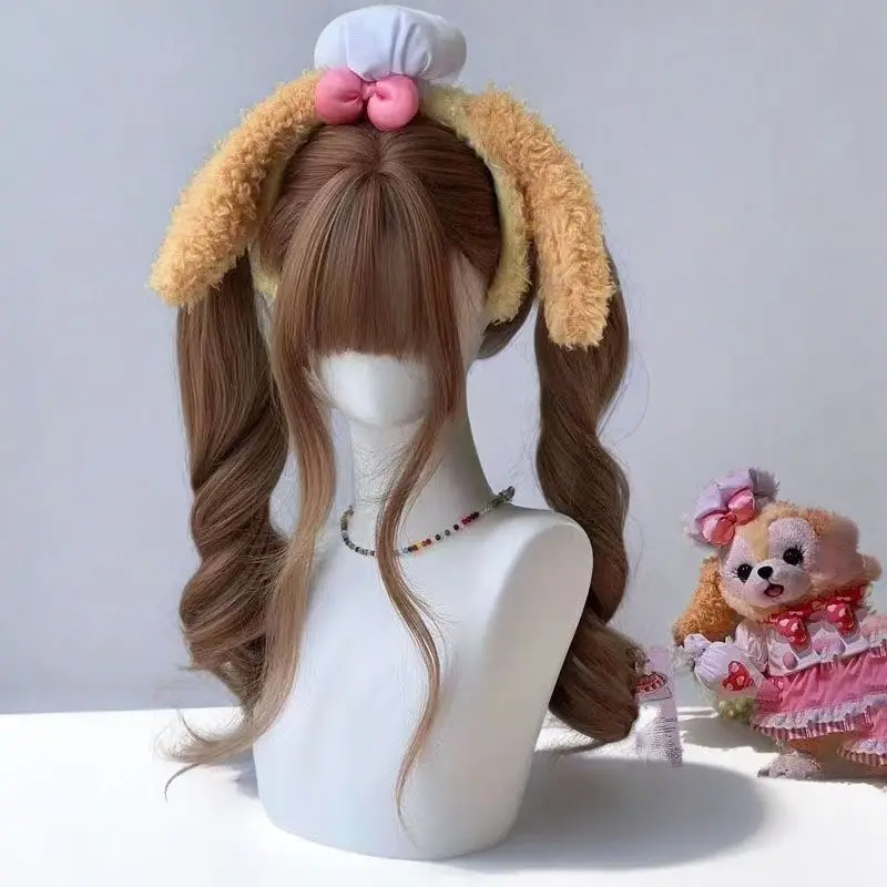 ‌ Franse krullende Lolita pruik - as kastanjebruin volledige dop, luchtpony en dubbele staarten, schattig JK schoolmeisje cosplay haar