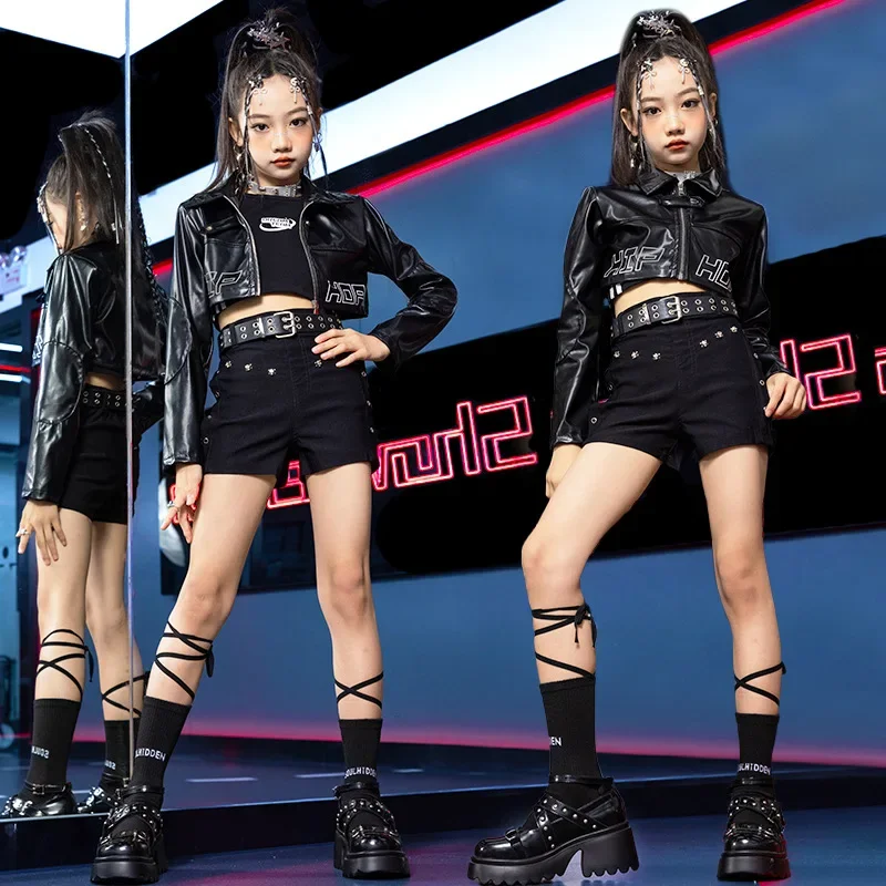 

Kpop Stage Outfit Girls Jazz Dancewear Black Jacket Shorts Fashion Runways Stage Clothing Children Street Dance Clothes
