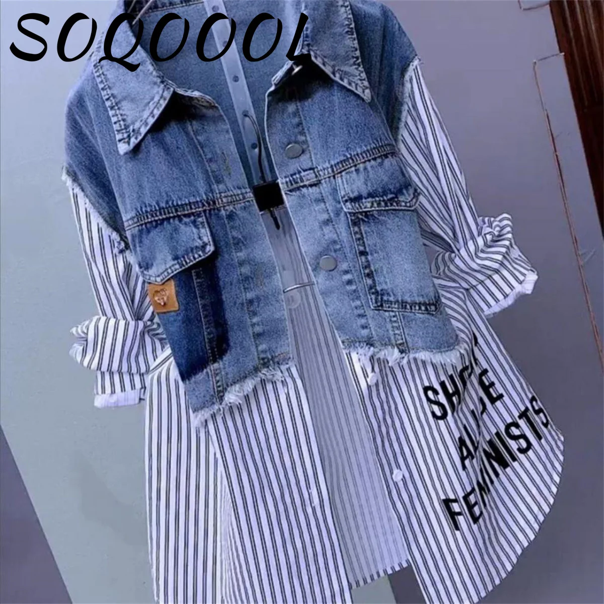 Fake Two Denim Shirts Women\'s Spring/Summer Korean Version Of Casual Western Style Joker Stitching Letter Striped Top Jackets