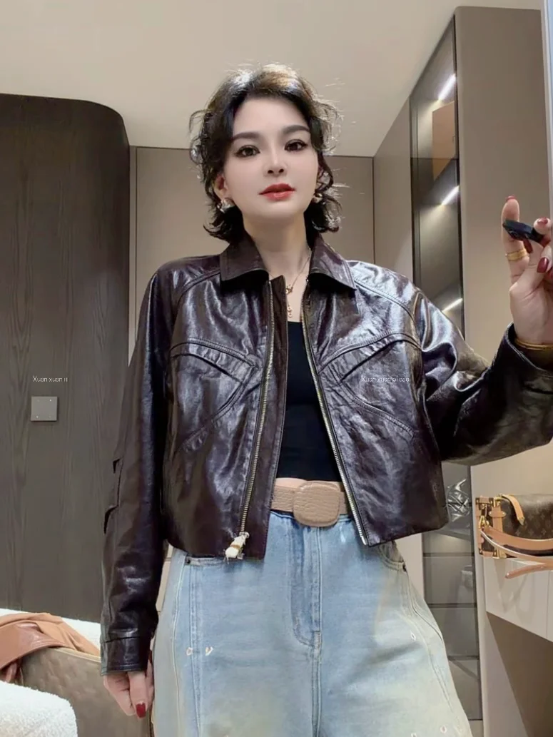 

2026 New Sle Women's Genuine eepskin Leather Jaet Slim Fit Motorcycle Coat ort Length Faionable Top