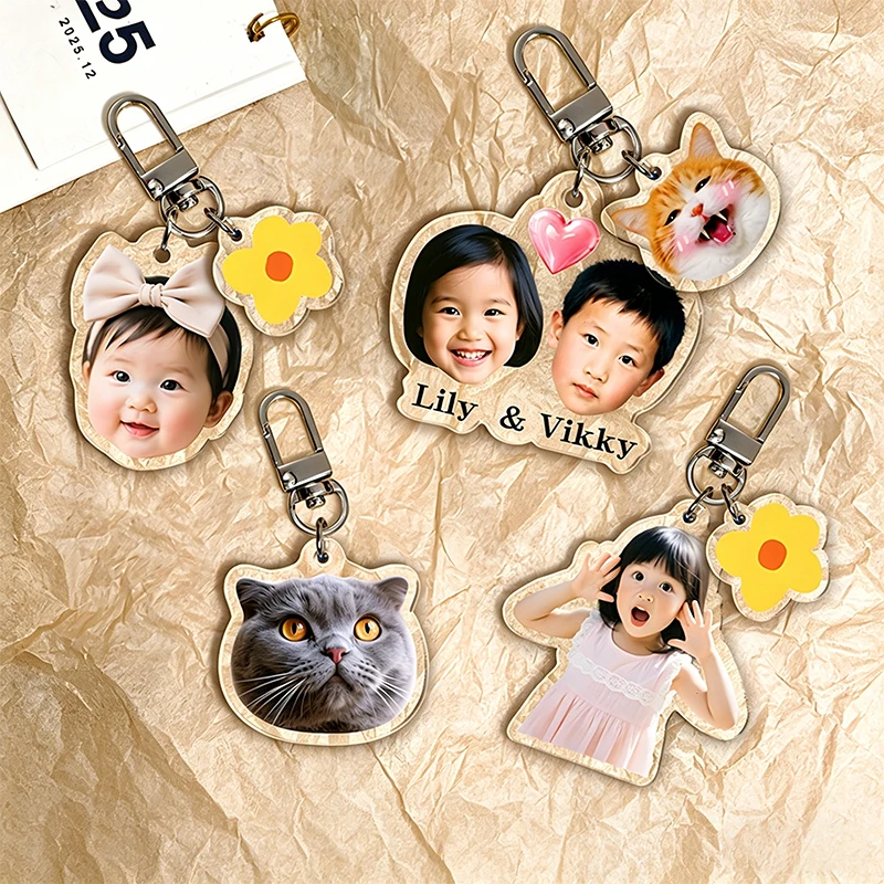 

Custom Acrylic Baby Pets Photo Keychain with Little Pendant Personalized Picture Keyring Double Side Print Cartoon Key Chain