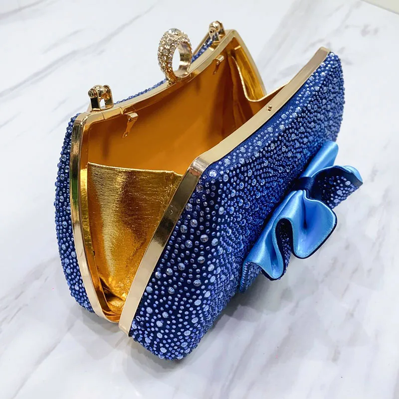 2024 Fashionable Hard Handle Bag Banquet Exquisite Party Soild Color Design Ladies Rhinestone Embellished With Bowtie Blue Bag