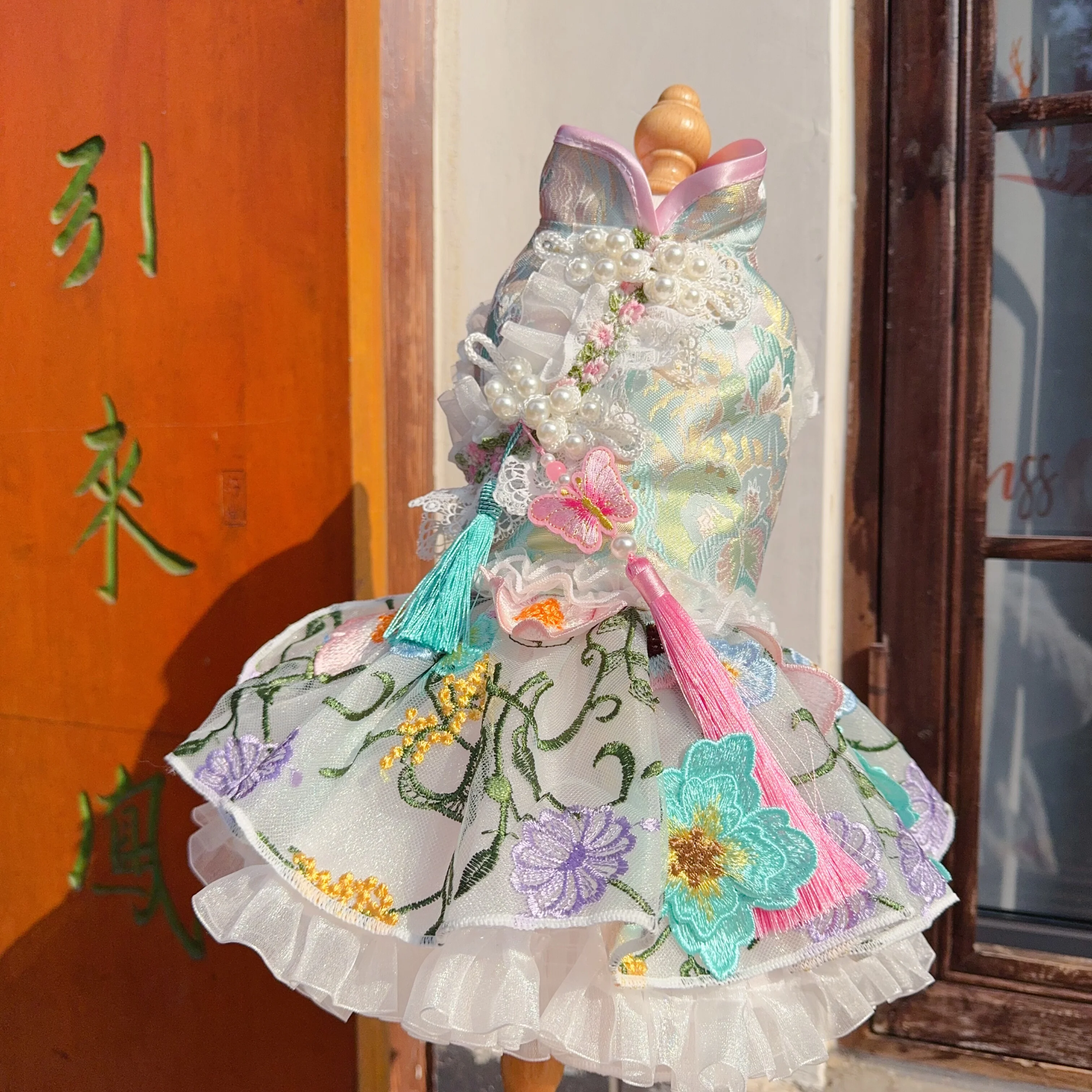 Handmade Flower Embroidery Pet Dog Clothes Chinese Style Tassel Lace Luxury Princess Dresses For Small Medium Dog Poodle XS-XL