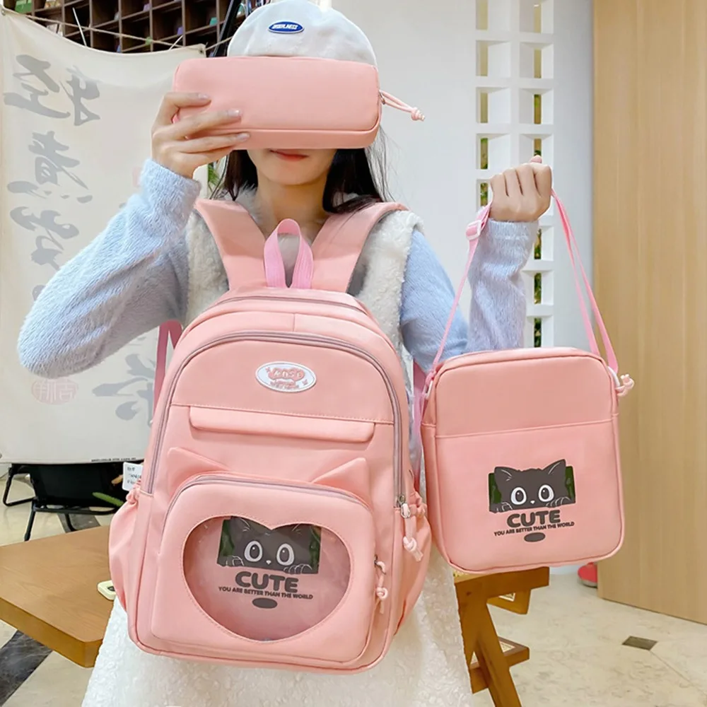 

3pcs/set Nylon Transparent School Backpack Large Capacity Pencil Bag Cute Cat School Bag Set Casual Stationery Storage