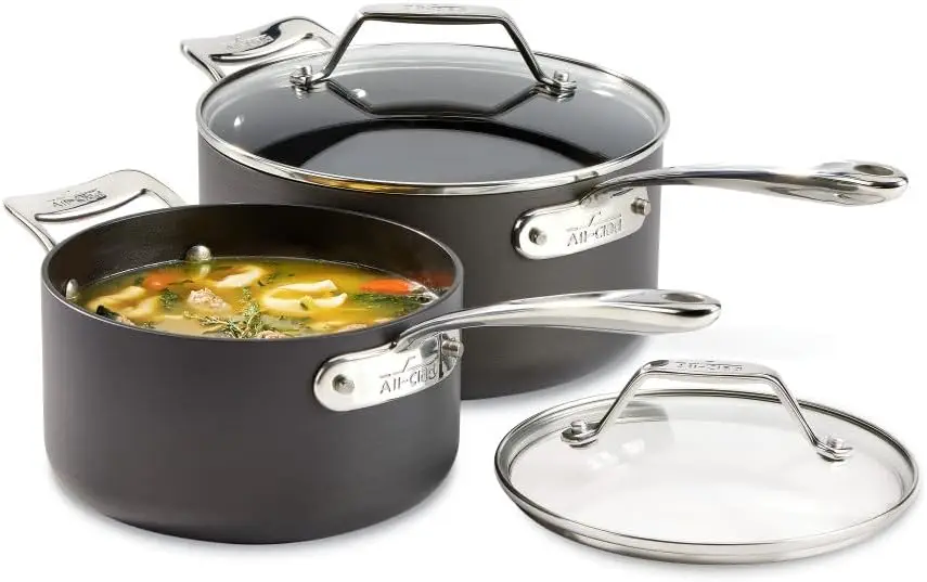 

All-Clad Essentials Hard Anodized Nonstick Sauce Pan Set 4 Piece, 2.5, 4 Quart Oven Broiler Safe 500F Pots and Pans, Cookware Bl