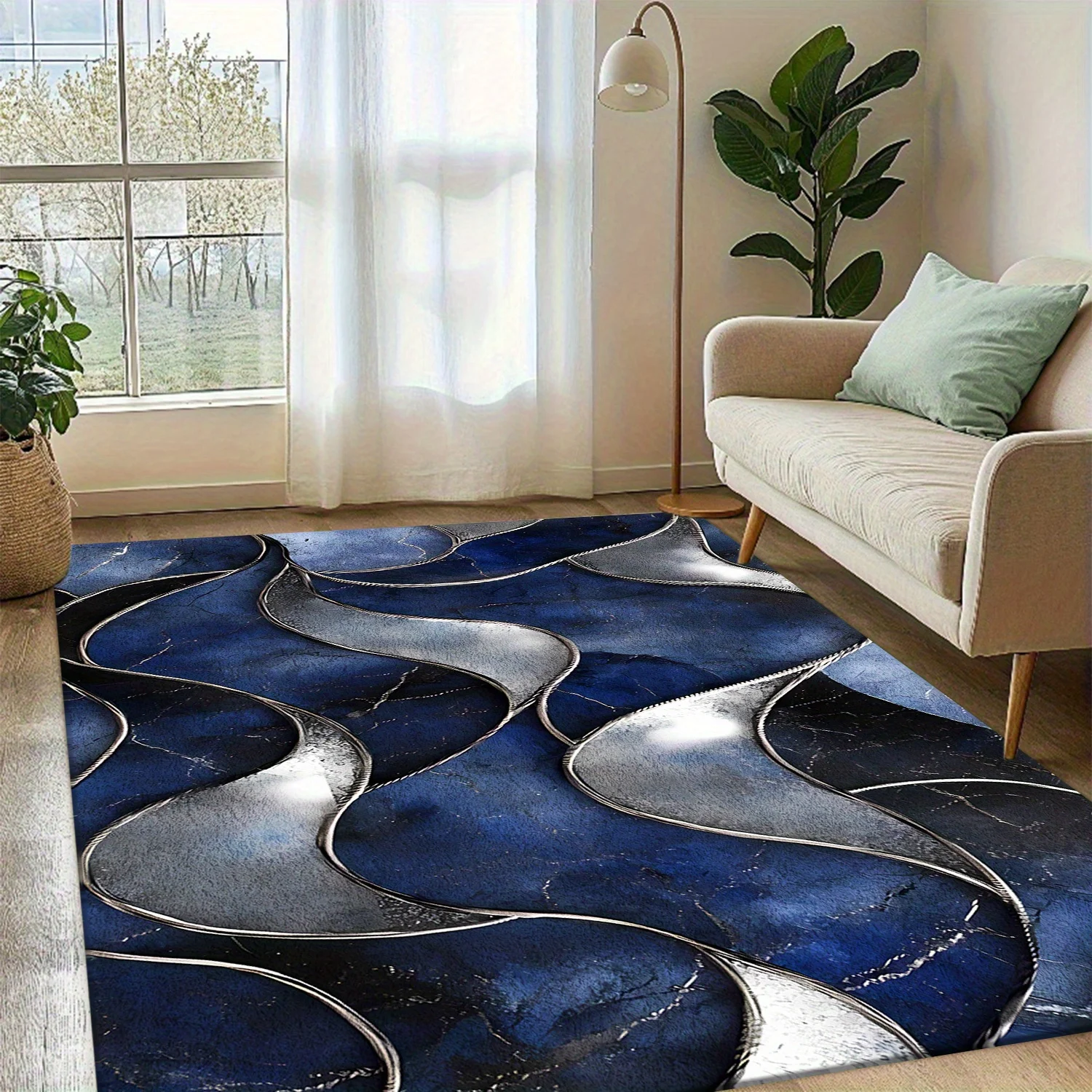 1pc Ultra-Soft Velvet Large-Sized Carpet for Living Room And Bedroom, Blue And Silver Wave Pattern, Easy to Clean, Machine Washable, Non-Slip, Soft And Comfortable, Suitable for Living Room, Bedroom, And Of