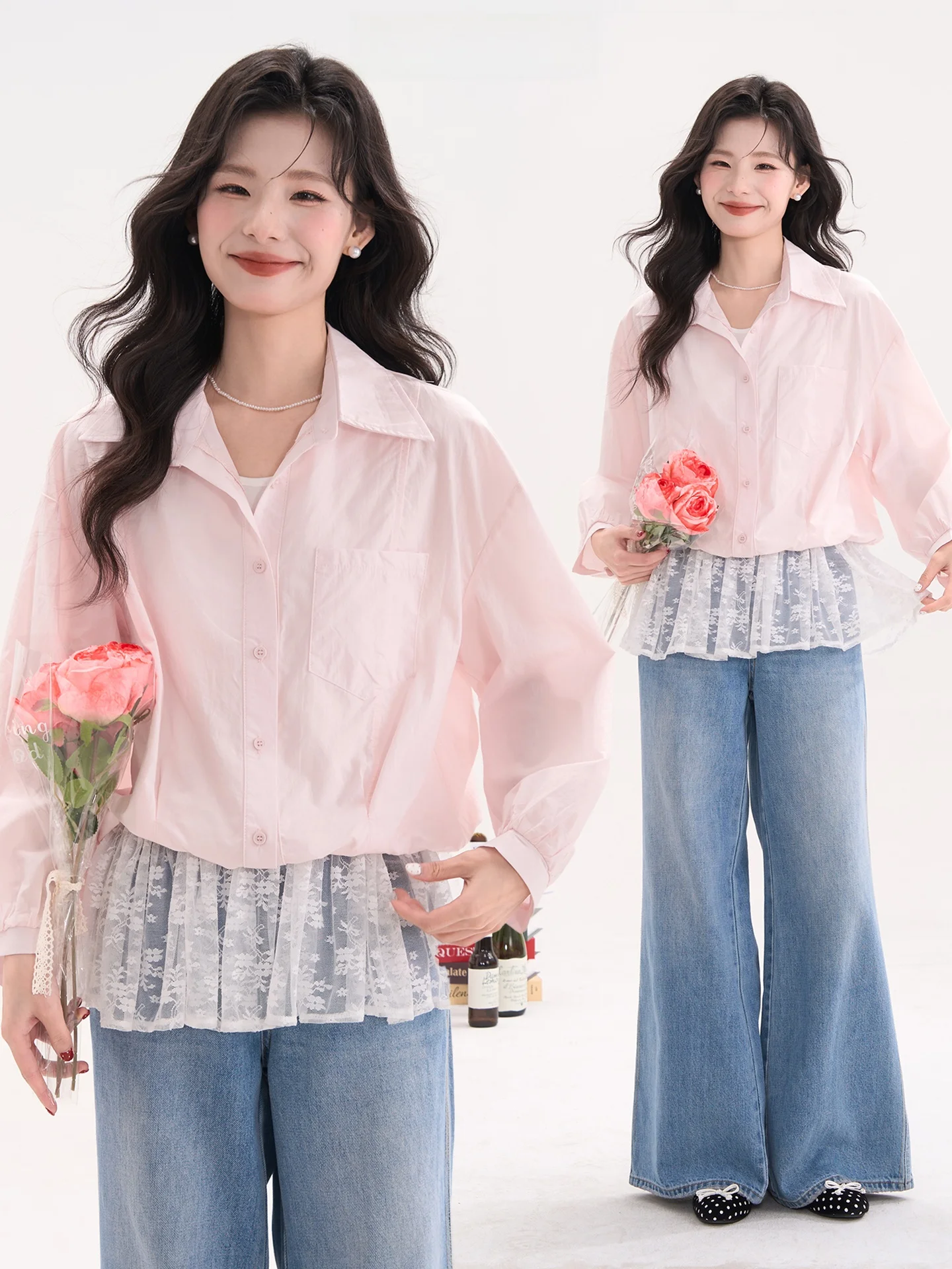 

Sweet Drlike Lace Skirt irt Women's Spring Commute Top Heme Flower Field Window Bubble Fake Two-Piece Cotton Lyocell Blend