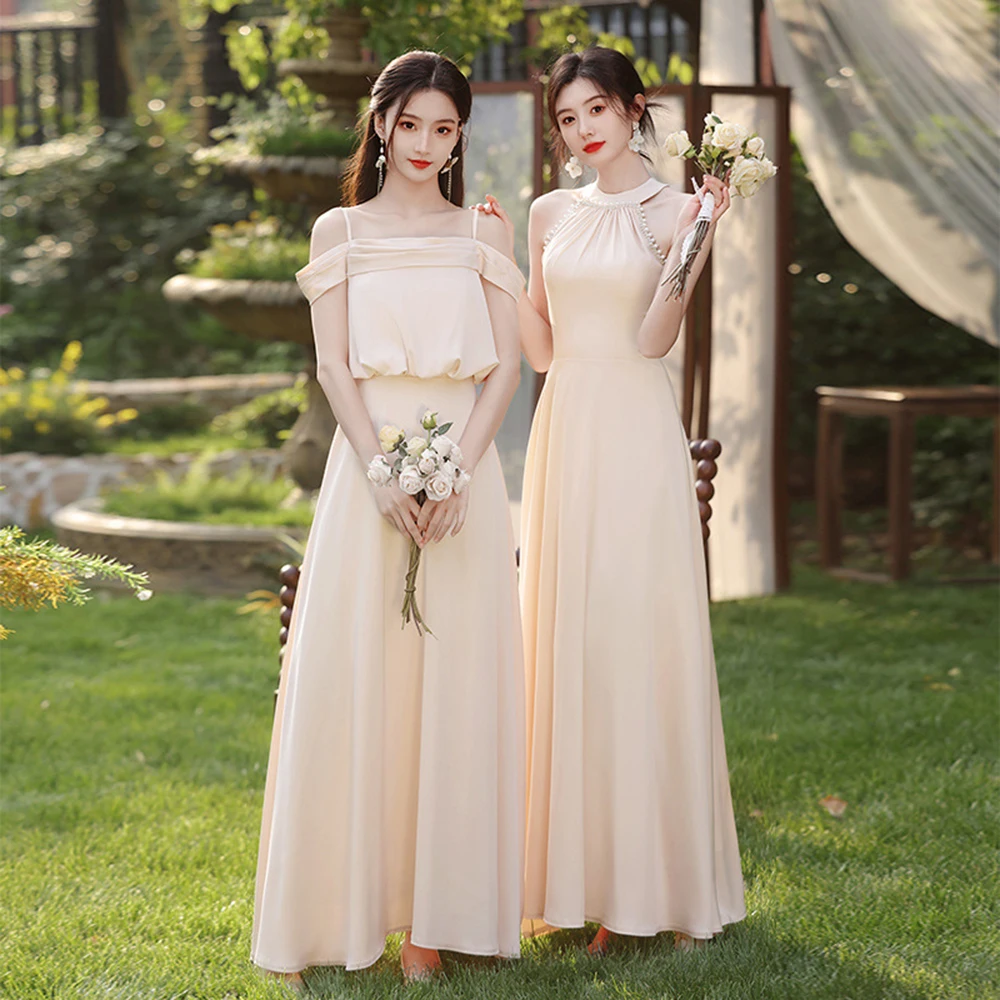 

Elegant Satin 4 Styles Champagne Color Bridesmaid Dress Women Off The Shoulder Straps Ruffles Gown A-line Lace Up Vestido