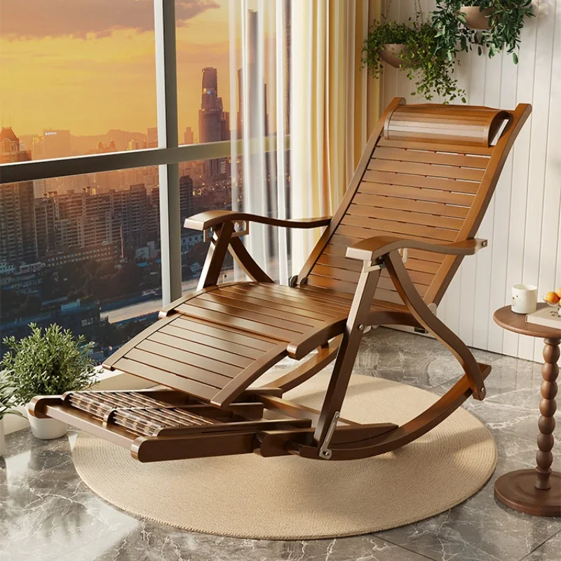 Folding Reclining Portable Lunch Break Bamboo Rocking Chair Comfortable Durable Chair Outdoor Leisure Wooden Chaise Longue