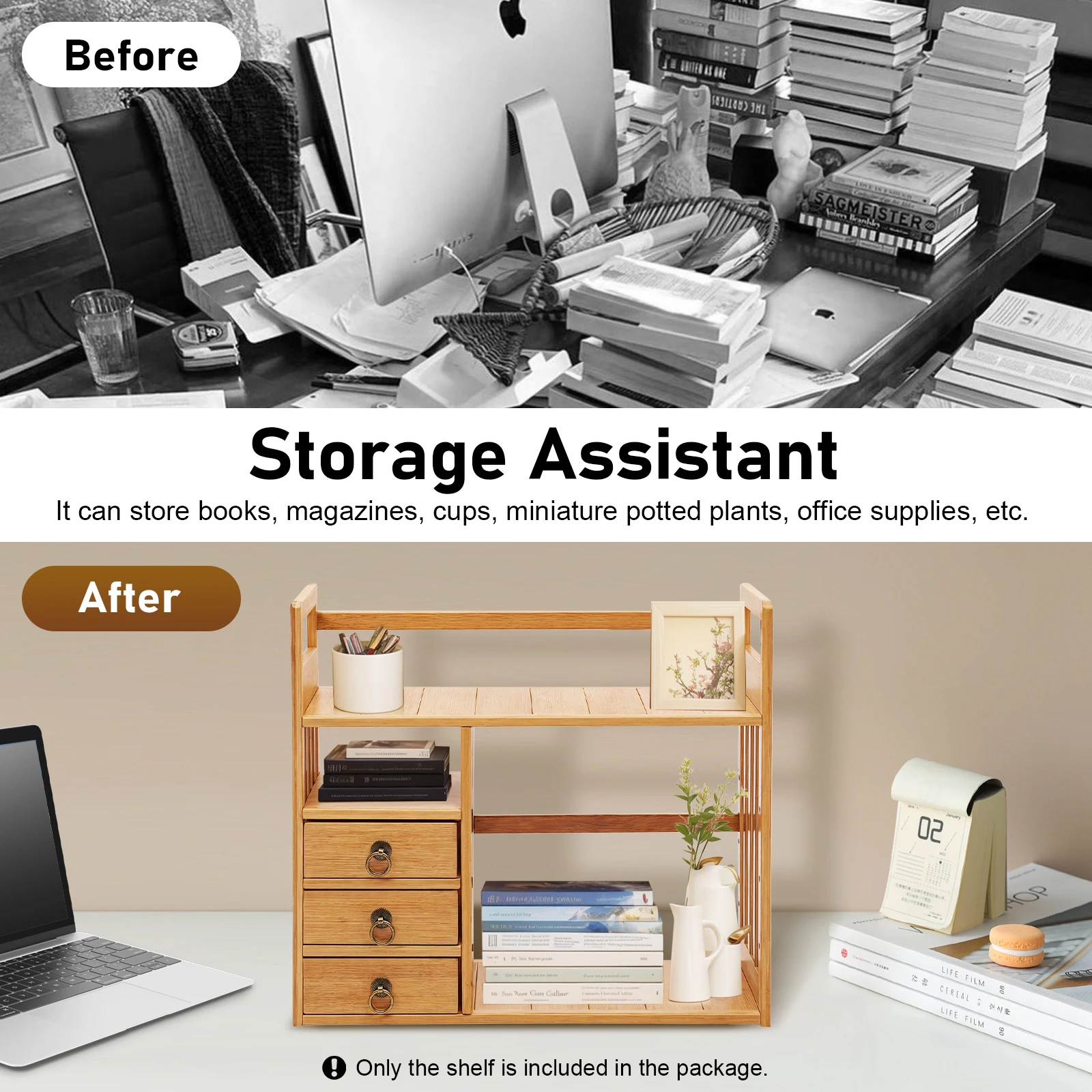 Desktop Storage Shelf Bamboo Desk Bookshelf Small Expandable Desktop Organizer Table Top Bookcase