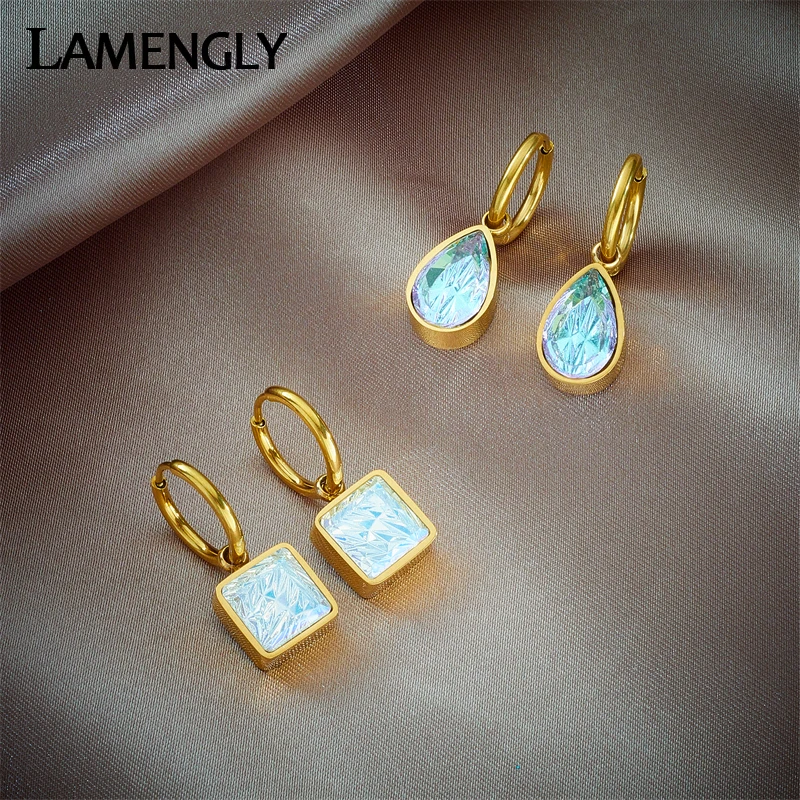 

LAMENGLY 316L Stainless Steel Square Water Drop Colorful Zircon Earrings For Women Fashion Girls Ear Buckle Party Jewelry Gifts