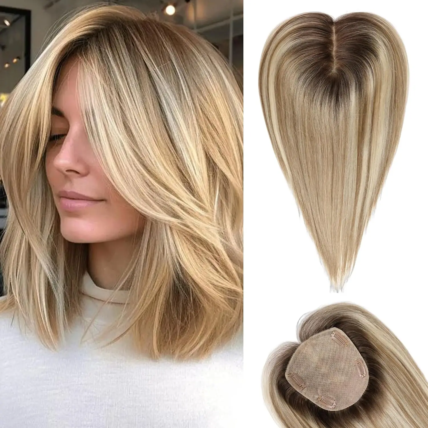 Ombre bruin haar topper 5 "* 5,5" zijde basis haar toppers voor vrouwen echt menselijk haar 12 inch bruin 100% menselijk haar topper geen pony